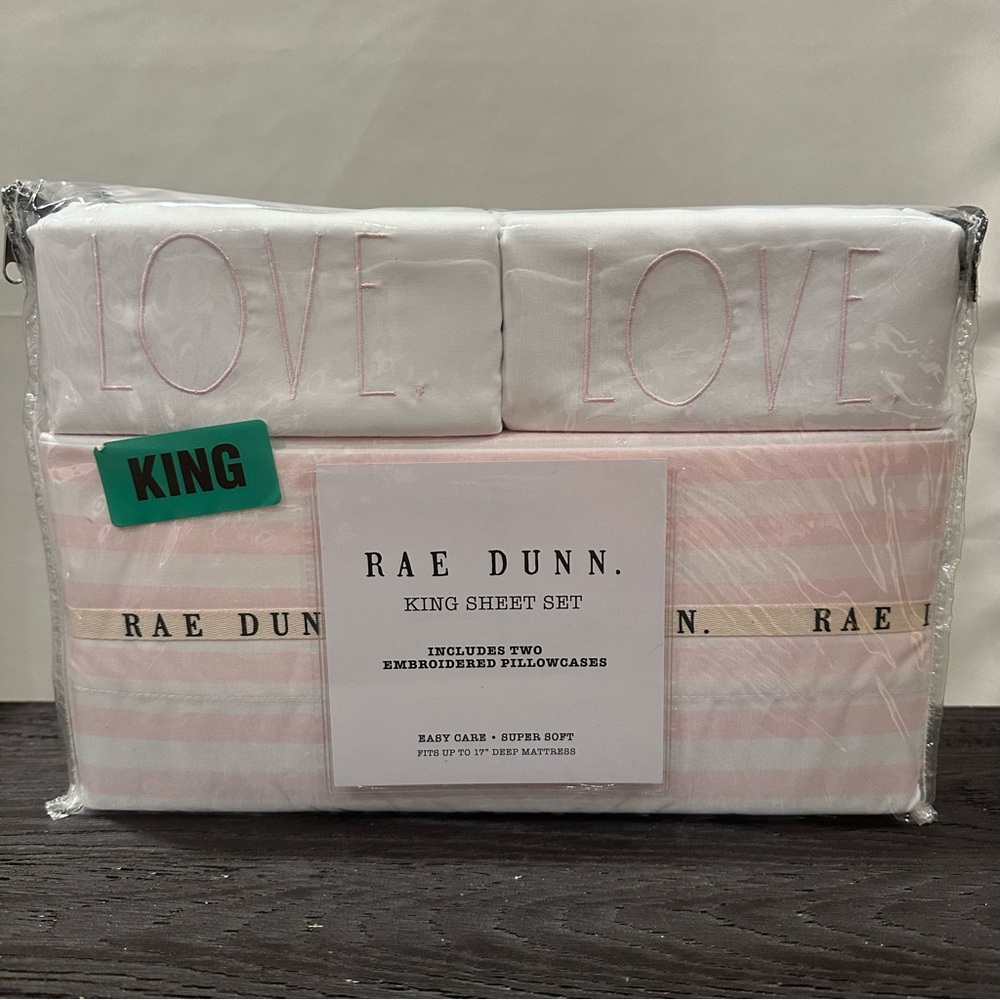 Rae Dunn King Sheet Set with Soft Pink Accents